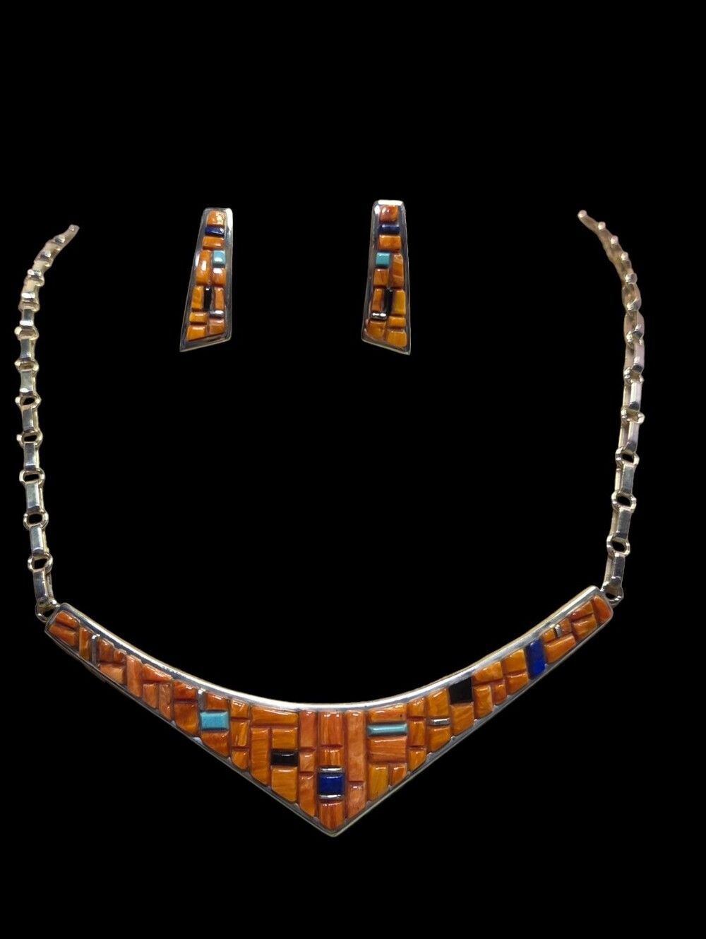 Signed DDC Sterling Spiny Oyster Mosaic V-Necklace Earring Set